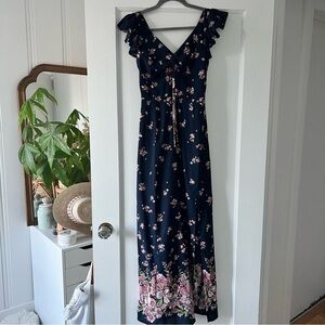 TweezeMe Navy Blue Pink Floral Maxi Dress Ruffle detailing Side Slit Size Small